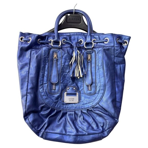 GUESS Blue Shoulder Bag Patent Leather Large size EUC - Picture 1 of 8